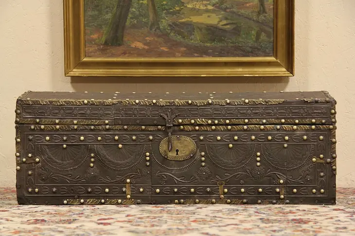 Trunk or Chest, Mideast Embossed Tin & Brass Nailheads