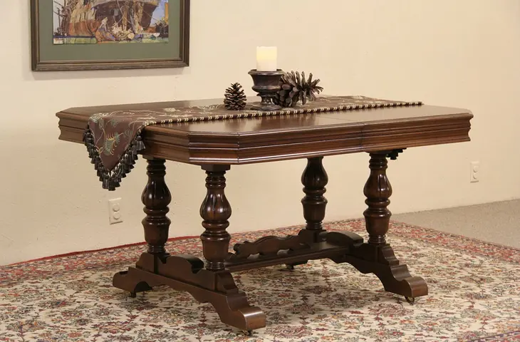 Tudor Style 1925 Library, Writing or Dining Table, with Leaf