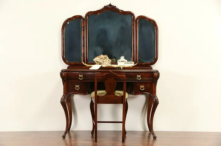 Vanity, Dressing Table or Desk w/ Mirrors & Chair, 1920's Mahogany by Sligh