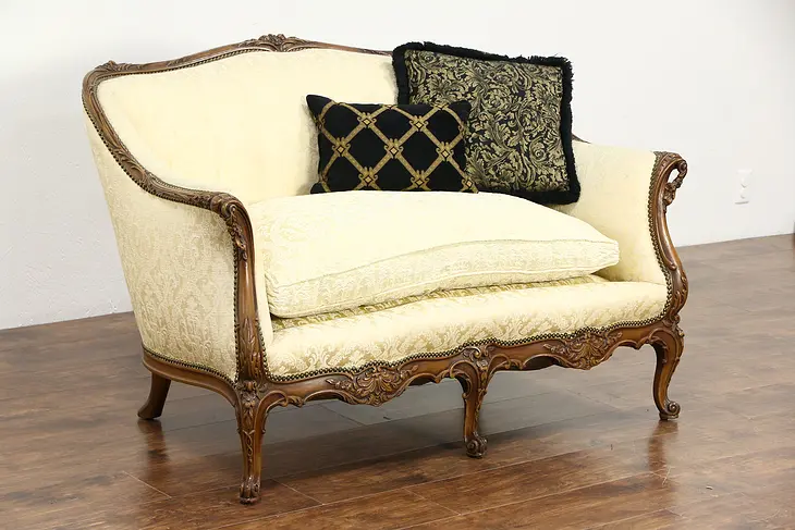 French Style Carved Vintage Loveseat or Setee, Down Cushion,  Recent Upholstery