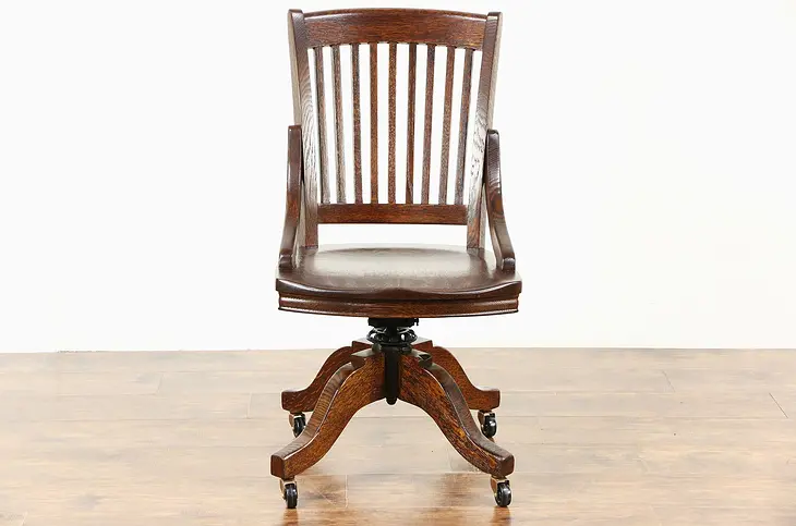 Swivel Adjustable Quarter Sawn Oak 1910 Antique Office Desk Chair, Signed Ford