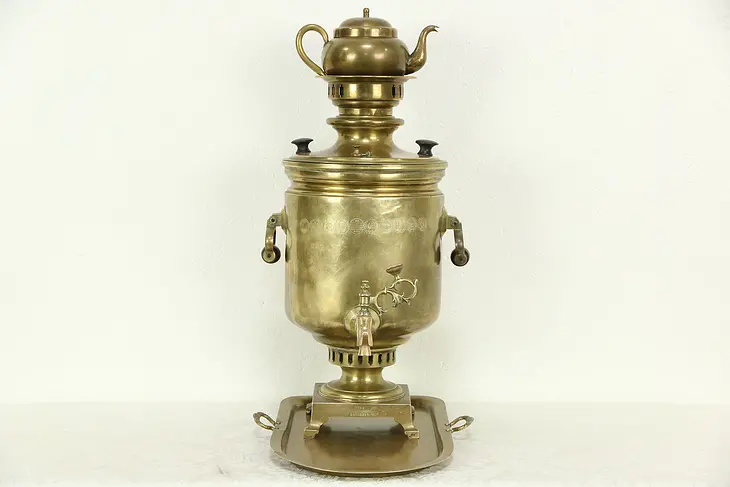 Samovar Set, Antique Russian Brass Tea Kettle, Pot & Tray, Stamps Signed 1870