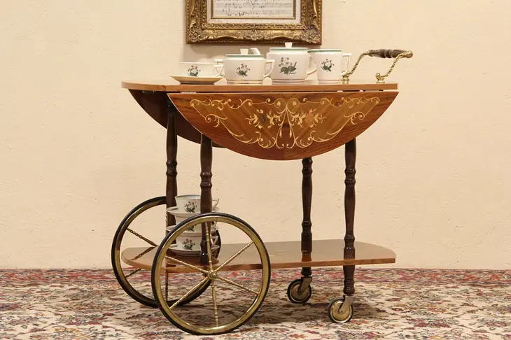 Italian Diamond Marquetry Tea Cart, Beverage or Dessert Trolley,
