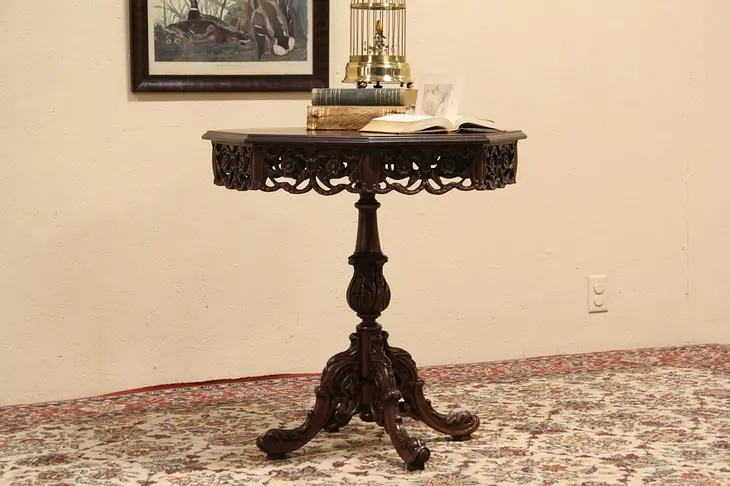 Octagon 1920 Antique Center or Lamp Table, Carved Dolphin Feet