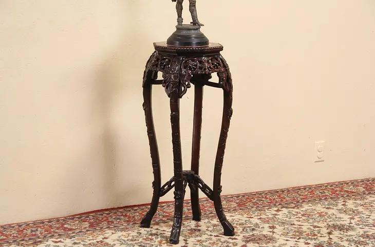 Carved Chinese 1900 Antique Rosewood Pedestal or Stand, Marble Top