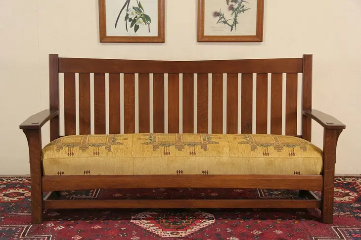 Arts & Crafts Mission Oak Antique 1905 Settle, Sofa or Bench, Upholstered