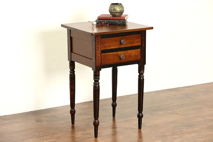 Connecticut 1830 Antique Nightstand or End Table, Cherry, Walnut & Tiger Maple