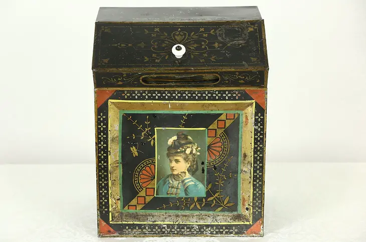 Victorian Antique Tin Tea Box, Woman with Hat, Signed Chicago Stamping