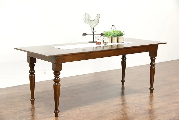 Country Pine Vintage Farmhouse Dining Table, Turned Legs, 7' Long