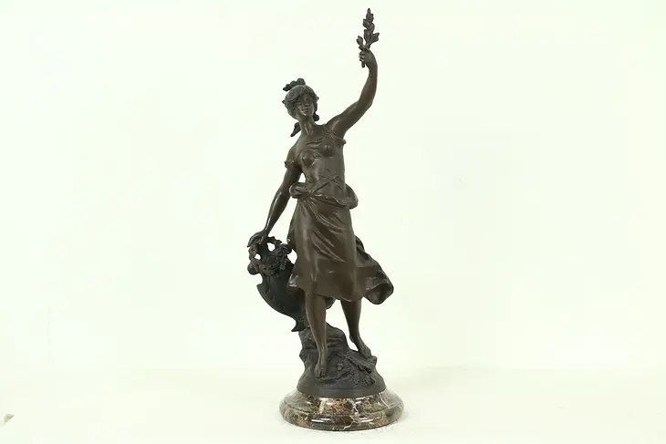 Sculpture of Young Woman & Laurel Leaf, Marble Base, Signed Auguste Moreau #28584