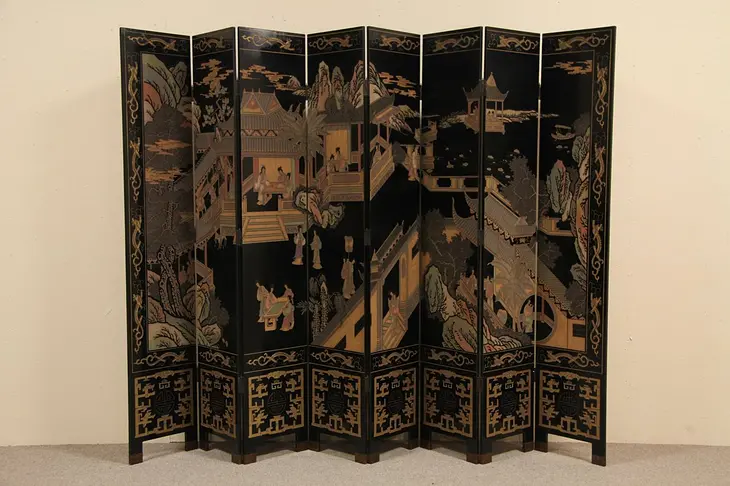 Coromandel 8 Panel Carved Lacquer Chinese Screen