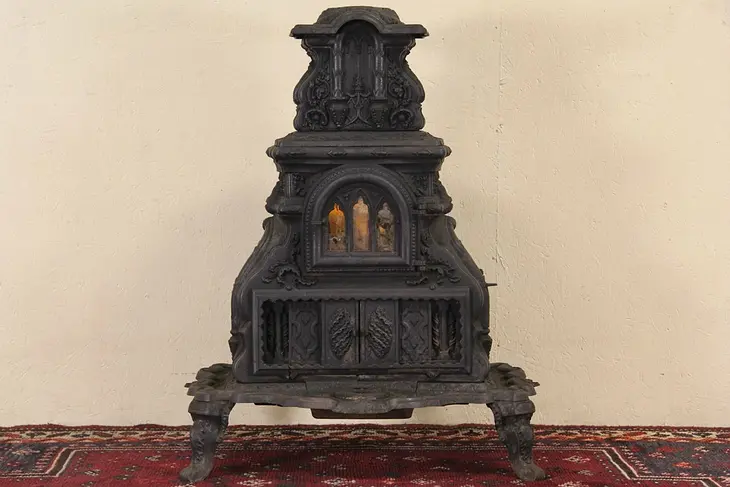 Iron Parlor Stove, Sanders & Wolfe, Troy, NY Pat. 1854, Mica Windows