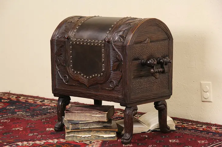 Swiss Black Forest Carved 1870 Antique Dowry Chest, Leather Panels