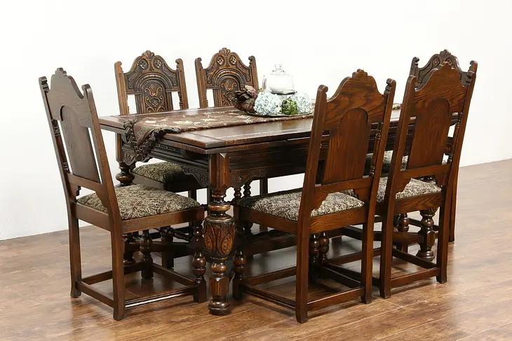 English Tudor 1925 Carved Oak Dining Set, Table& Leaves, 6 Chairs, Signed