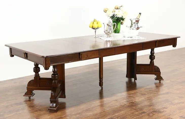 Victorian Eastlake 1890 Antique Walnut Dining Table, 5 Leaves, Extends 98"
