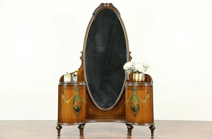 Satinwood Hand Painted 1920's Antique Dressing Mirror or Vanity