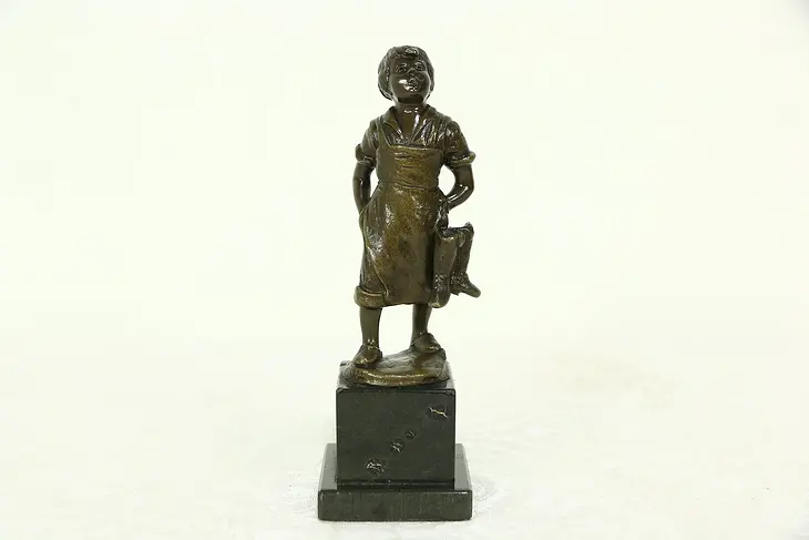 Bronze Antique Statue of a Girl Wearing Clogs Signed H. Eichberg, Marble Base