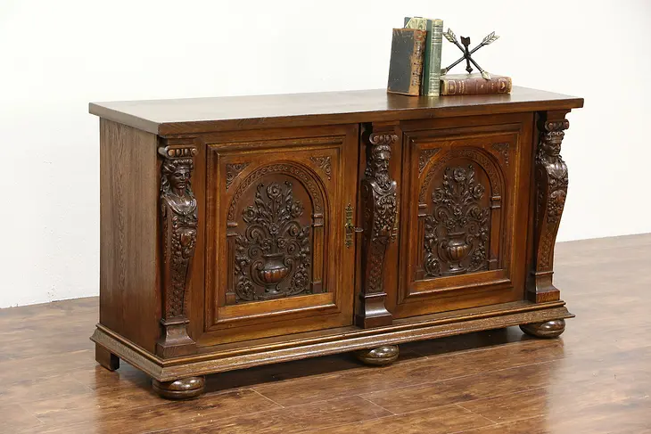 Oak Dutch Antique 1900 Sideboard, Server, Buffet or TV Console, Carved Figures