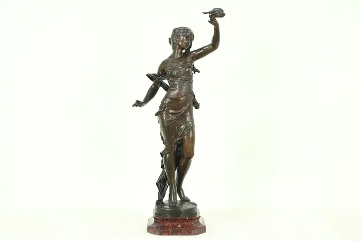 Bronze Antique Art Nouveau Sculpture Young Woman with Bird, Signed Ple