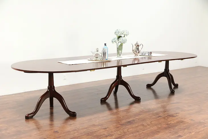 Mahogany 12' Dining or Conference Table, 3 Pedestals, Kittinger #29564