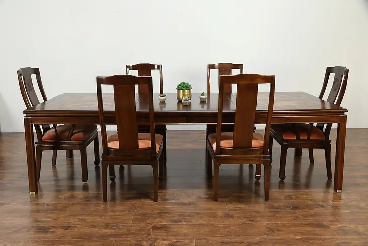 Chinese Carved Vintage Dining Set, Table, 2 Leaves, 6 Chairs, Bernhardt #30104