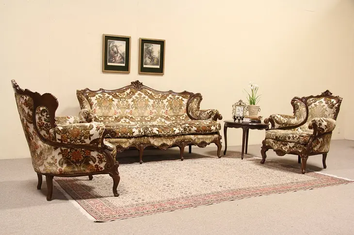 Three Piece Set, Pair of Baroque Carved Vintage Italian Armchairs and Sofa