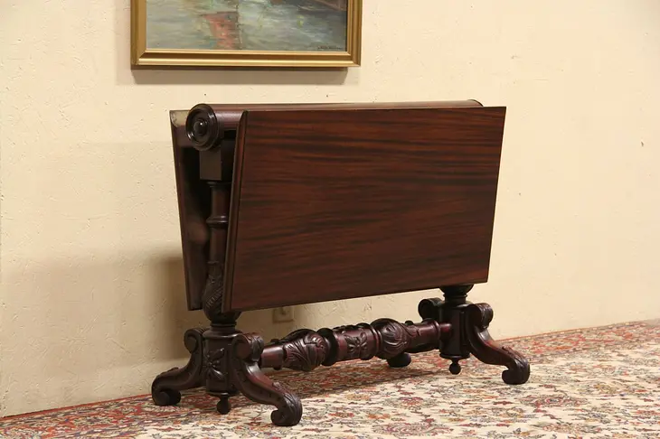 English Carved Victorian 1870 Dropleaf Folio Table