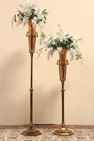 Pair of Bronze & Copper Adjustable Vintage Torchere Urns