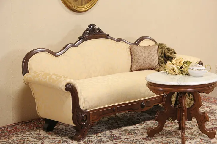 Victorian Carved 1860 Antique Sofa or Loveseat, Newly Upholstered