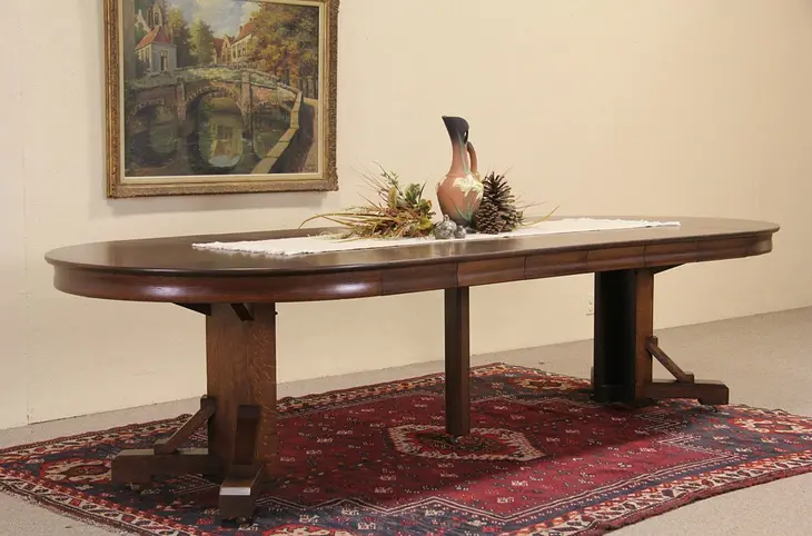 Arts & Crafts Mission Oak 1905 Antique 48" Dining Table, Extends 9'