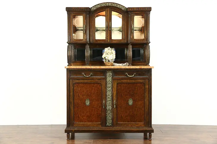 Art Deco 1920 Antique Marble Top Server, Sideboard China Cabinet, Belgium