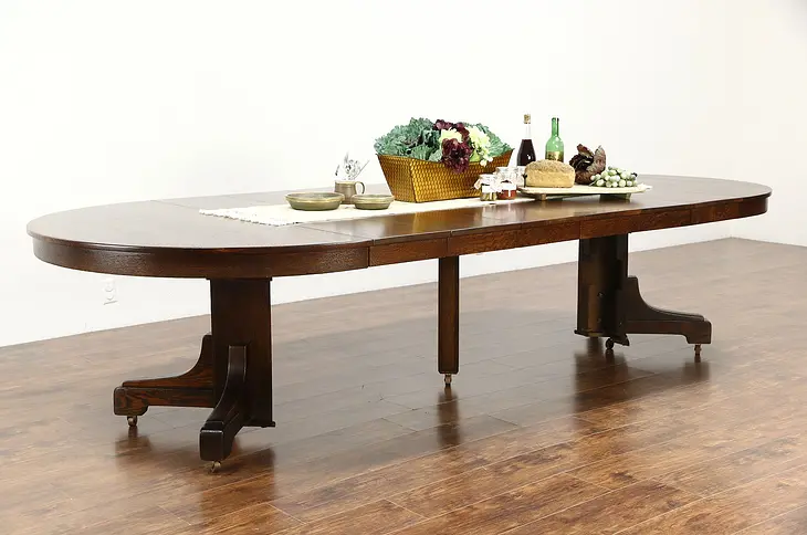 Arts & Crafts Mission Oak Antique Craftsman Dining Table 6 Leaves Extends 10' 6"