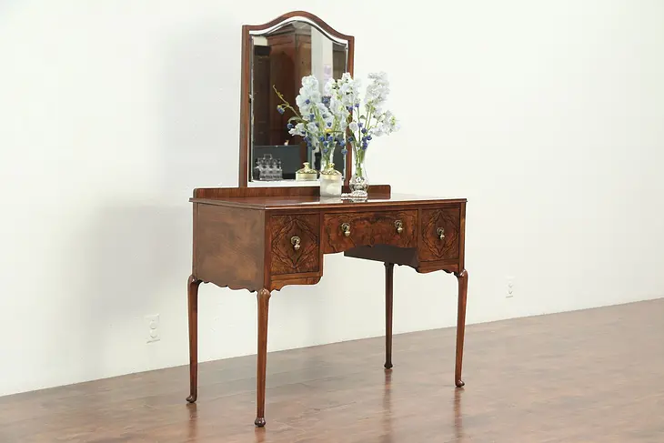 Walnut 1930 Vintage Vanity or  Dressing Table, Beveled Mirror #29117