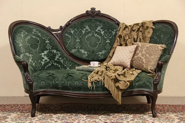 Victorian 1870 Antique Hand Carved Walnut Sofa, Velvet Upholstery