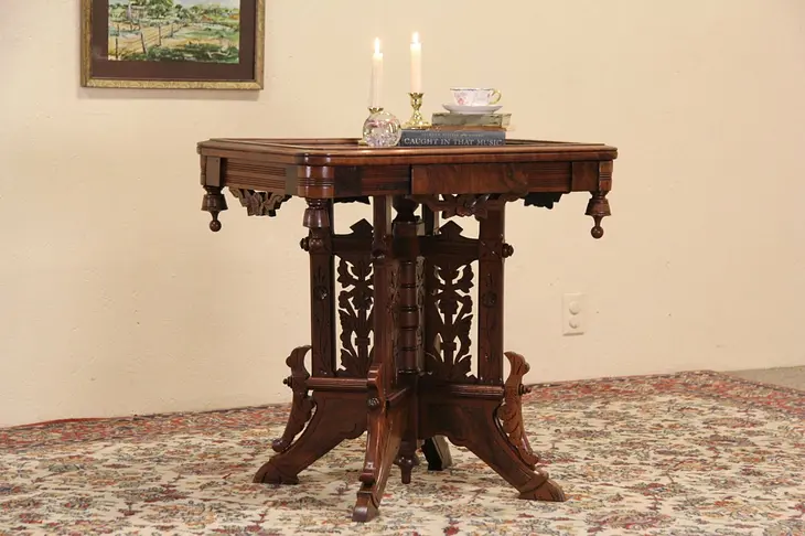 Victorian Eastlake Marble Top 1880 Antique Parlor or Lamp Table