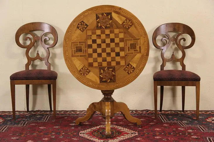 Chess Game Table, 1890's Antique Black Forest Marquetry