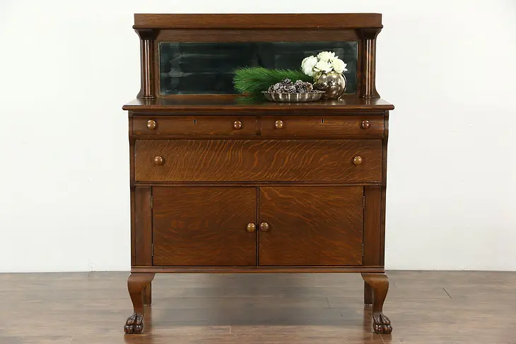 Empire 1910 Antique Oak Sideboard, Server or Buffet, Lion Paws, Beveled Mirror
