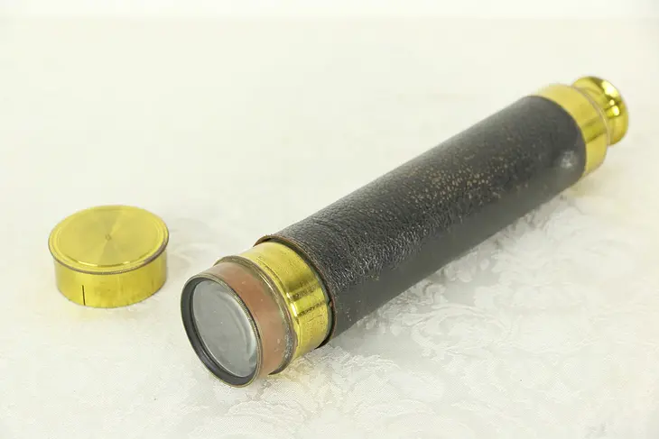 Telescope or Antique 1900 Brass & Leather Nautical Spyglass, Signed France