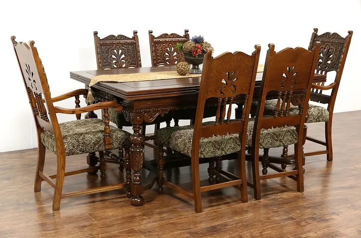 English Tudor 1925 Antique Carved Oak Dining Set, Table 2 Leaves, 6 Chairs