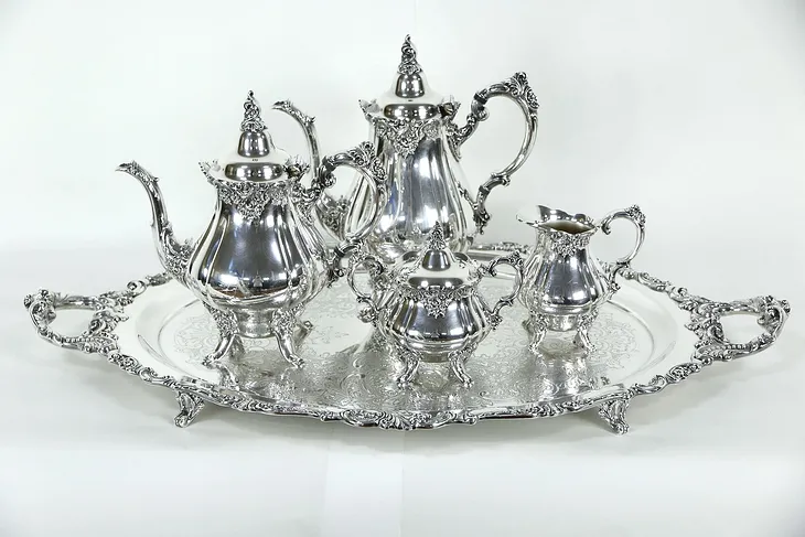 Wallace Baroque Silverplate 5 Pc. Vintage Coffee & Tea Service with Butler Tray