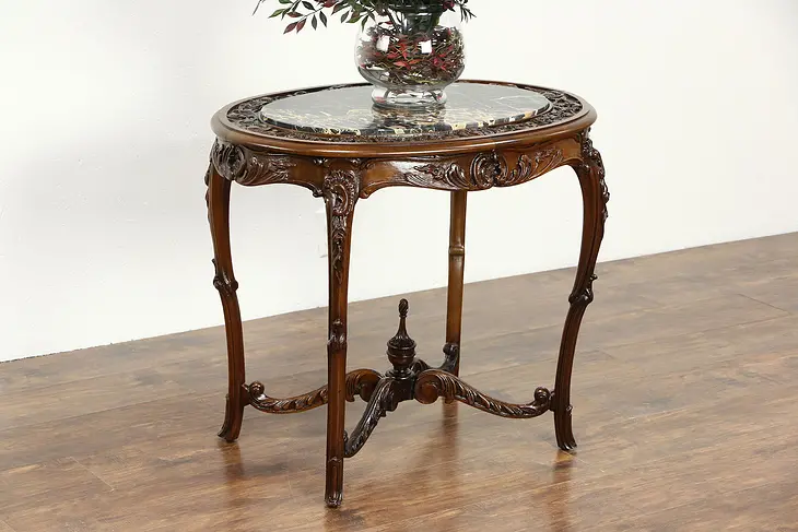Carved 1920's Antique Walnut Lamp or End Table, Black Italian Marble