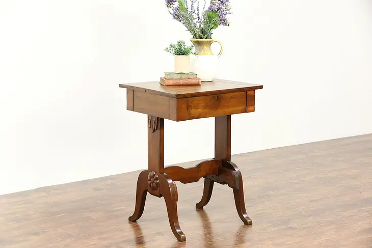 Folk Art Cherry 1880 Antique Nightstand or End Table, Birdseye Maple Top