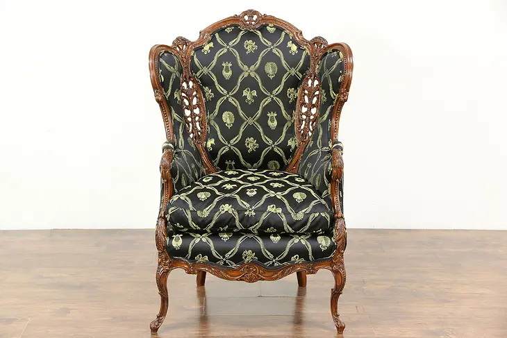 Carved 1940's Vintage Wing Chair, New Upholstery, Down Cushion