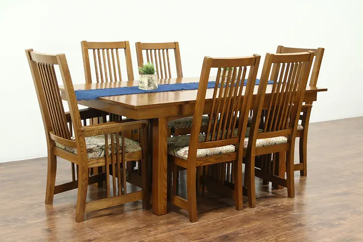Prairie or Craftsman Vintage Oak Dining Set, Table, 2 Leaves, 6 Chairs