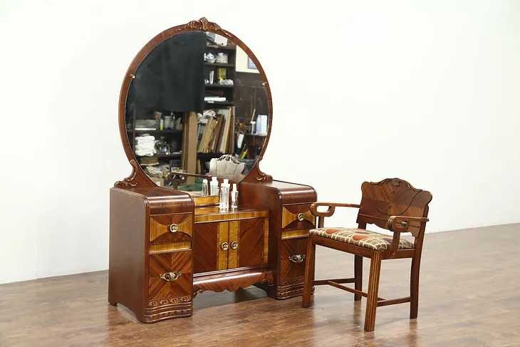 Art Deco Waterfall Vanity or Dressing Table, Mirror & Chair, New Upholstery