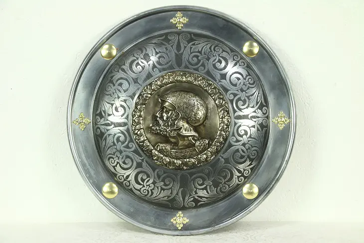 Armor Shield, Engraved Steel, Brass Sculpture of Knight, Marto, Spain #28626