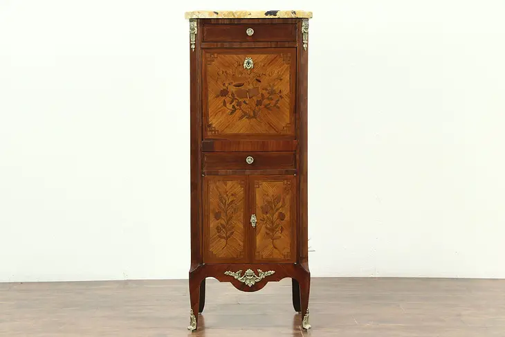 Marble Top Antique Marquetry Secretary Desk & Jewelry Chest, France #28701