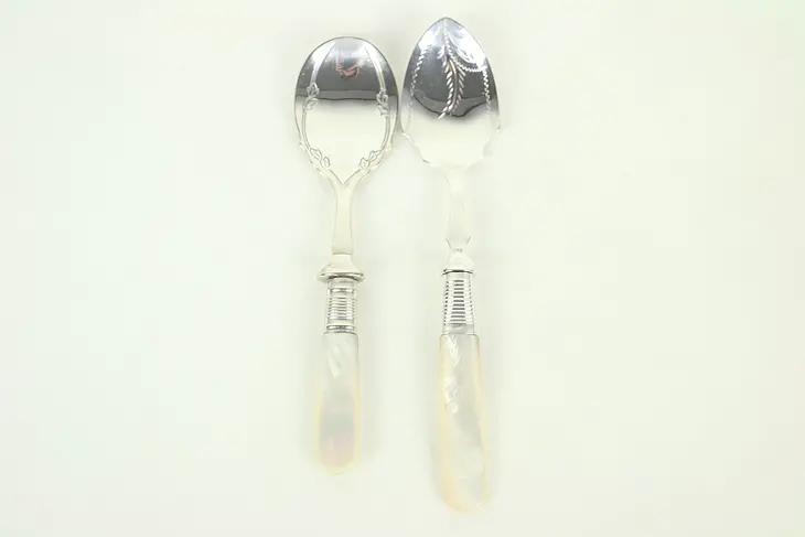 Pair of Pearl Handle Engraved Silverplate Serving Spoons, England #28894
