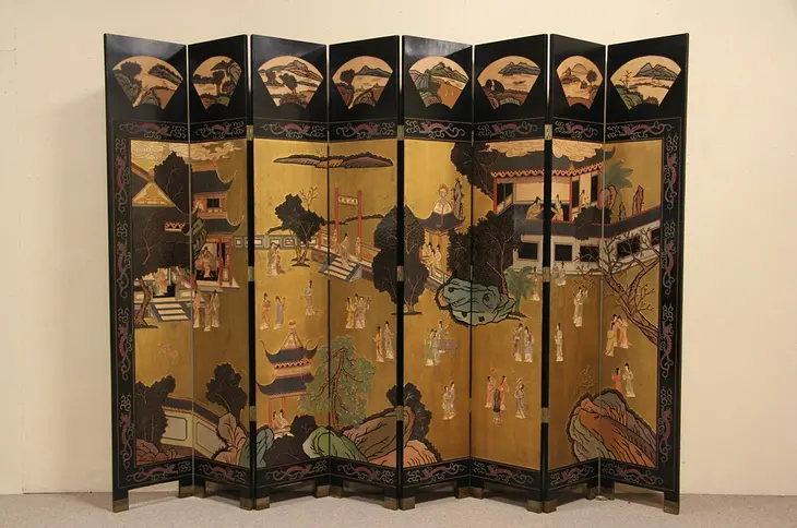 Coromandel Carved Lacquer 8 Panel Chinese Vintage Screen