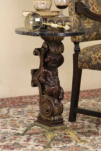 Italian Marble Top Chairside Table, Carved Cherub Sculpture